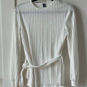 Maternity White Ribbed Long Sleeve Blouse with Tie